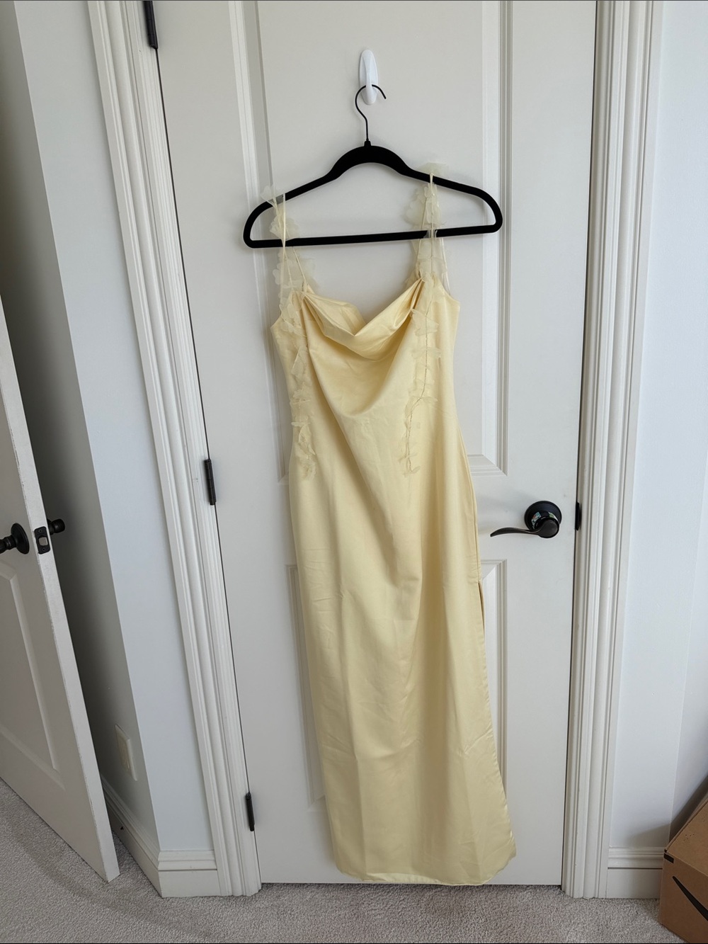 BHLDN Pale Yellow Satin Cowl Neck Slip Dress with Lace Straps
